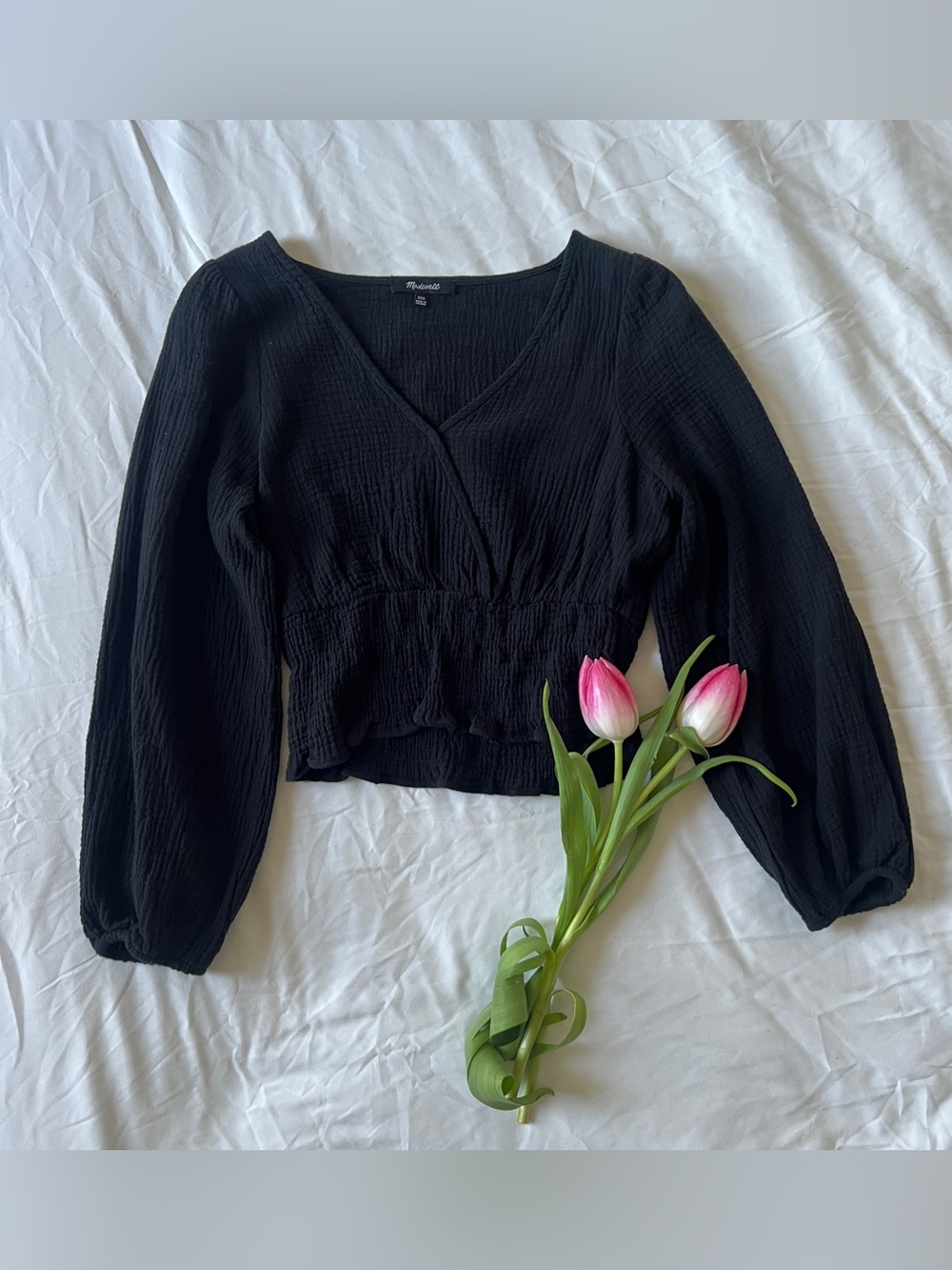 Madewell Smocked Gauze Cropped Blouse